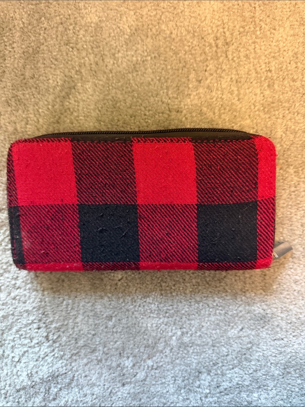 Red and Black Plaid Zip-Around Wallet with Interior Card Slots